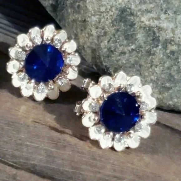 Sapphire Blue Lady Di Style Austrian Rivoli Crystal Earrings - Picture 8 of 12
